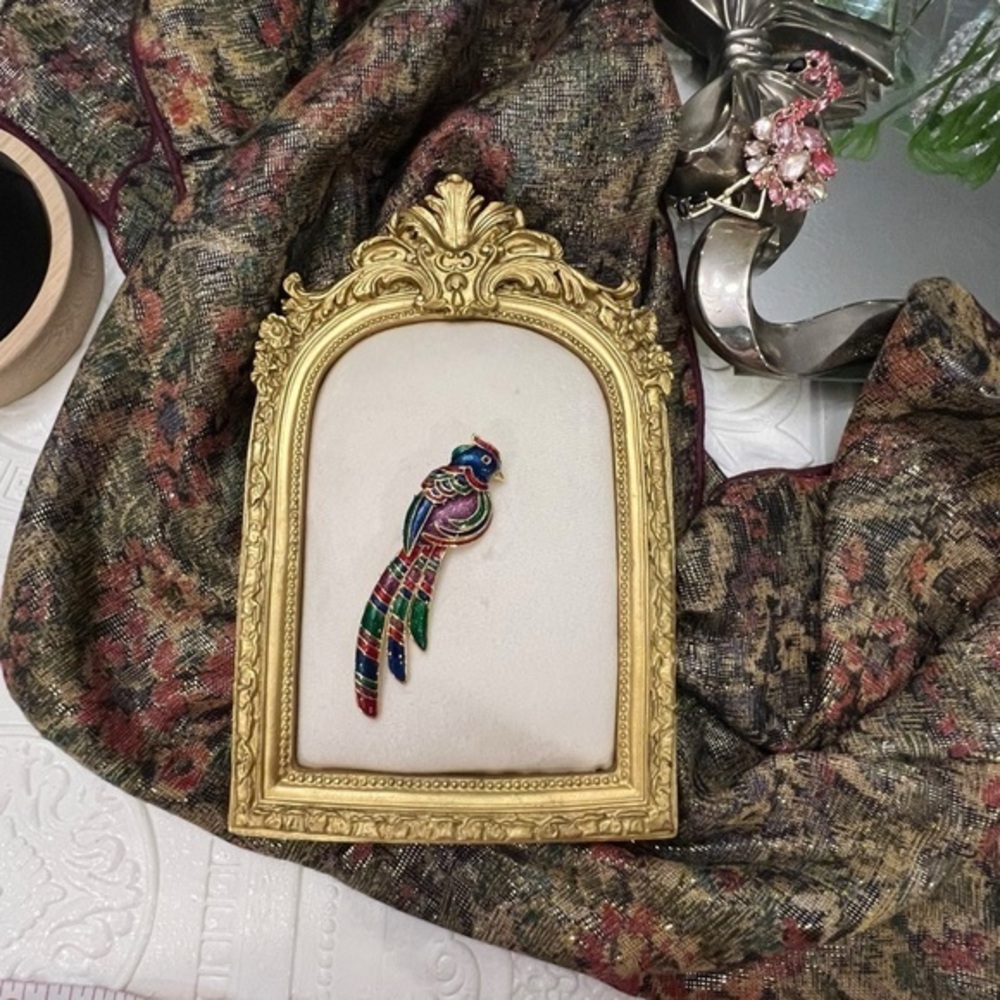 Large Bird of Paradise Brooch Gold Tone Rich Enamel Rhinestones Colorful 3” Tall